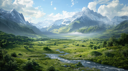 A scenic valley with a winding river, lush green fields, and majestic mountains in the distance, all under a bright, clear sky.