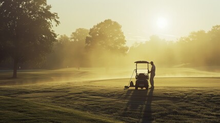 A groundskeeper tends to the early-morning dew on a golf course as the golden sunrise casts long shadows and fills the scene with a tranquil glow.