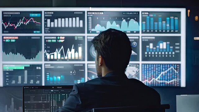 Data Analyst in the Digital Realm: A man sits in front of a wall of screens, each displaying graphs and data, showcasing the intricate world of data analysis. The image exudes a sense of focus, expert