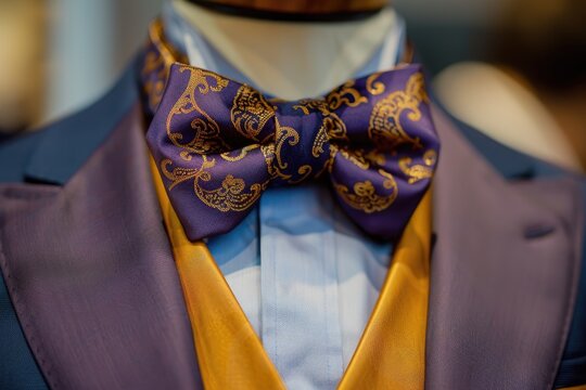 A heliotrope and tan cummerbund with mustard detail