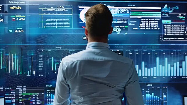 Decoding the Data Symphony: A lone figure stands amidst a symphony of data, his back turned as he processes the intricate visualizations displayed on a massive screen. This captivating image embodies 