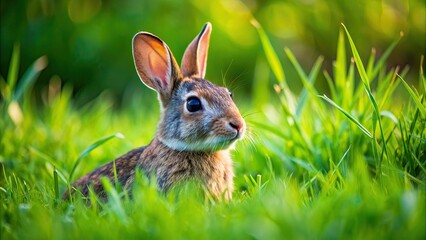Obraz premium Rabbit blending into green grass in a natural setting, wildlife, nature, animal, camouflage, fluffy, bunny, outdoor, cute