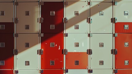 A set of red and white lockers illuminated by streaming sunlight, conveying simplicity and functionality in shared spaces.