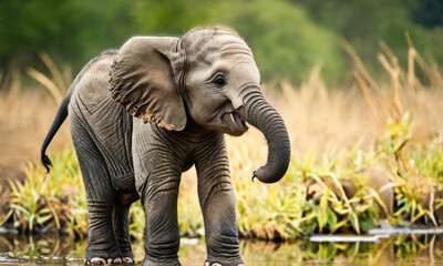 baby elephant raises its trunk on a pond