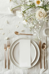 top view of wedding menu on plates on a table setting, invitation card mockup for weddings or event decoration