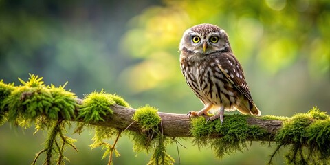 Stunning owl perched on a moss-covered branch, owl, bird, nature, wildlife, majestic, beautiful, feathers, branch, moss