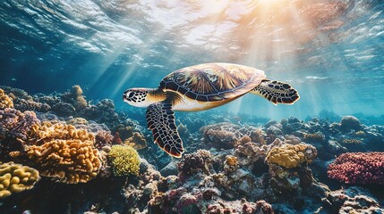 Obraz premium Sea turtle swimming over colorful coral reef with sunlight streaming through the water. High-resolution underwater photography. Marine life conservation. Design for posters and wallpapers. Top view
