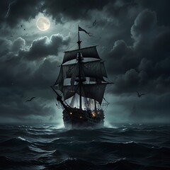 Fototapeta premium Scary Flying Dutchman ghost ship, ominous and haunting