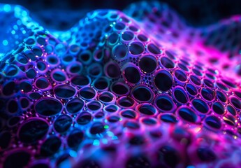 Abstract background, closeup of grid pattern on surface, with vibrant neon blue and pink lighting