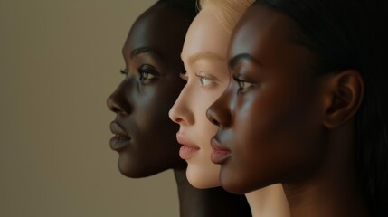 Fototapeta premium Three diverse women stand in profile against a neutral background, their faces dramatically lit to highlight different skin tones.