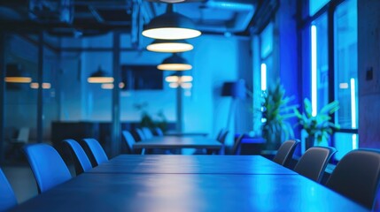 Tech meetup venue in cool blue shades hosting panel discussion for enthusiasts