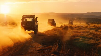 Fototapeta premium Off-road vehicles kick up dust as they traverse a rugged trail at sunset, highlighting adventure, exploration, and the spirit of the wild outdoors.