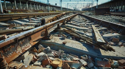Abandoned railroad tracks with scattered debris, leading into the distance, evoking a sense of decay and forgotten paths.
