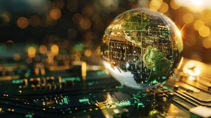 A reflective globe displaying continents sits on a circuit board, highlighting the interconnectedness of global technology and geography against a golden, bokeh-filled backdrop.