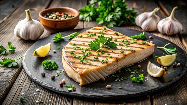 Grilled swordfish fillet seasoned with garlic and parsley, grilled, swordfish, garlic, parsley, seafood, meal, dish, food
