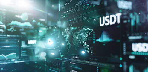 Futuristic digital interface with cryptocurrency "USDT" and financial graphs for cryptocurrency analysis. Concepts of finance, technology, and data visualization in trading.