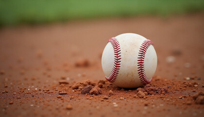 Baseball on red clay field with green grass background