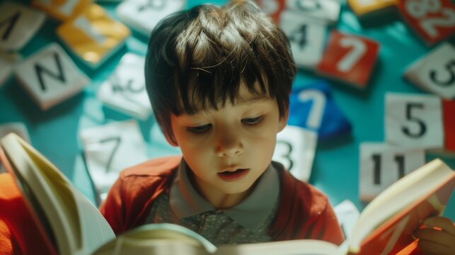 A young child engaged in a book, surrounded by educational flashcards, capturing the essence of early learning and curiosity.