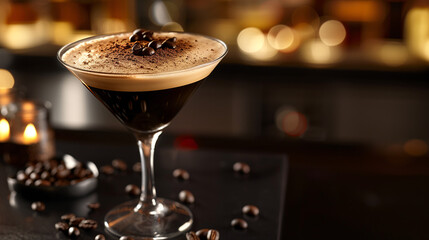A decadent espresso martini topped with coffee beans and a dusting of cocoa powder, served in a martini glass on a sleek black table, with a dimly lit lounge in the background