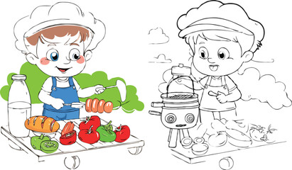 coloring page cartoon character eating a food vector illustration coloring book