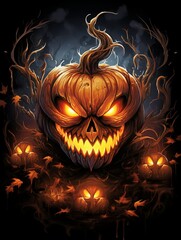 Terrifying Jack-o'-Lanterns with Gnarled Vines and Fiery Glow T-shirt Design