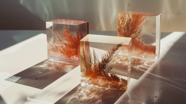 Three resin cubes encapsulate delicate plant matter, creating a mesmerizing play of light and shadow, highlighting nature's intricacy in modern art.