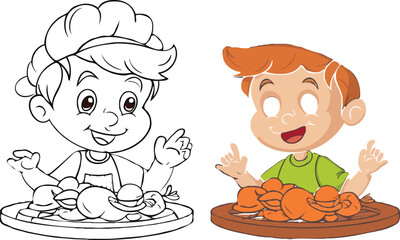 coloring page cartoon character eating a food vector illustration coloring book