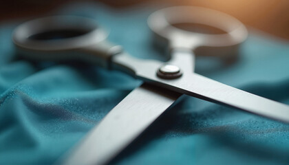 Sharp scissors on soft teal fabric, close-up, with blurred background