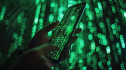 The smartphone with green code