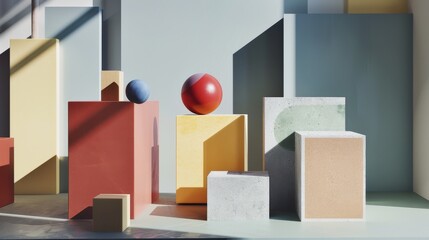 Abstract art with colorful geometric shapes and spheres creating dynamic shadows against a minimalist background.