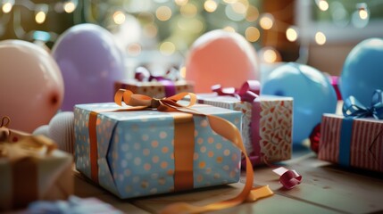 Wrapped presents and festive balloons on a table, exuding the joy and excitement of a celebration in full swing.
