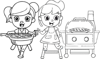 coloring page cartoon character eating a food vector illustration coloring book