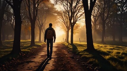 Silhouette of a person walking in the woods at sunrise, man with a bag pack walking on a muddy road in a forest of jungle park in early morning, calmness during sunrise Generative AI