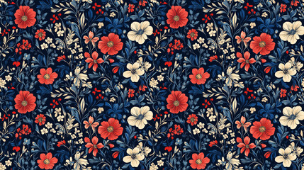 arrière-plan avec motif floral répétitif - bleu, blanc, rouge
