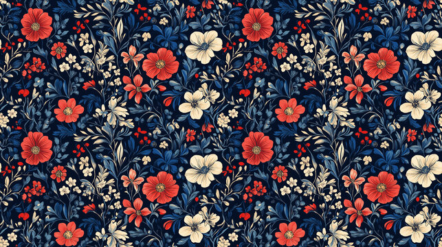 arri&egrave;re-plan avec motif floral r&eacute;p&eacute;titif - bleu, blanc, rouge