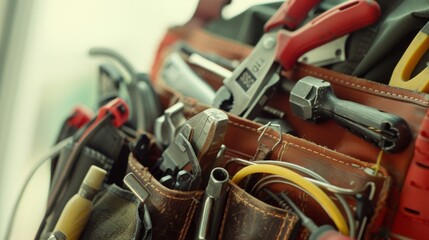 A tool belt loaded with various essential tools hanging on a rack, depicting an organized workspace and readiness for repair tasks.