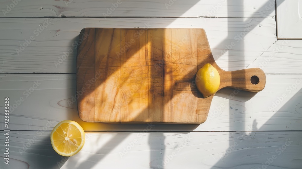 Canvas Prints A fresh lemon and half-cut lemon rest on a wooden cutting board, bathed in soft sunlight, creating a simple and refreshing scene.