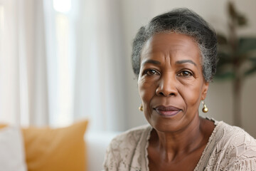 Elderly woman with a serene expression sitting in a light filled room with soft background. Concepts of wisdom, tranquility, aging, and peaceful moments.