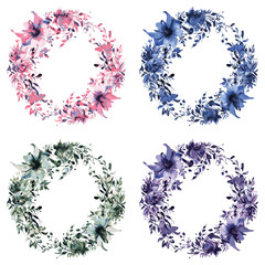 floral circle frame featuring four different colour concepts
