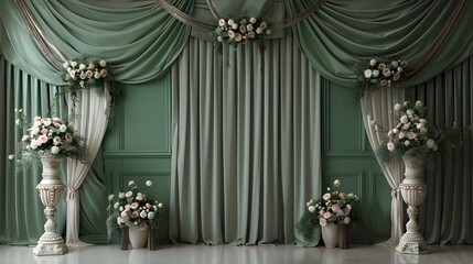 Floral decorations on a green wall. A room with sage green drapes, floral arrangements, and ornate vases.