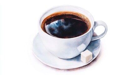 Obraz premium Watercolor painting of a simple and elegant black coffee cup with sugar cubes isolated on a clean white background