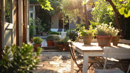 Fototapeta premium A tranquil outdoor patio with a wooden table, white chairs, and a few potted plants, perfect for enjoying a quiet morning.