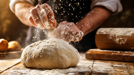 a baker scoring the top of a loaf of dough before baking, with flour dusting the wooden surface and a rolling pin in the background