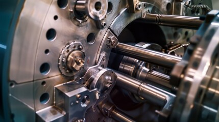 Close-up of intricate metallic machinery components interlocked, reflecting precision engineering and industrial craftsmanship.