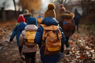 Elementary school students walking to school in the fall.