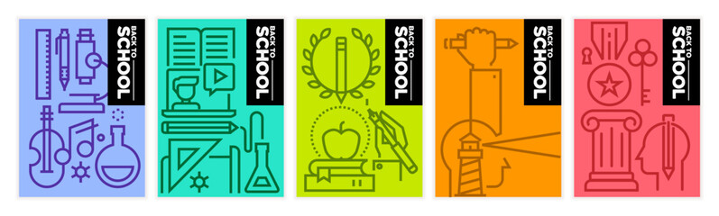 Back to school concepts. Vector illustration posters and banners of education, learning, back to school, university, online course and training, distance education and e-learning.