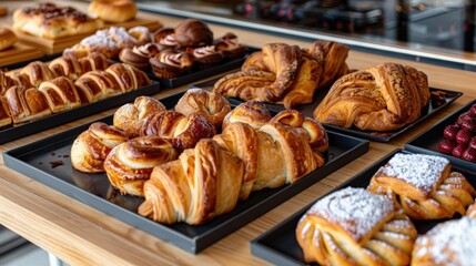 Assortment of freshly baked pastries on display in a bakery.