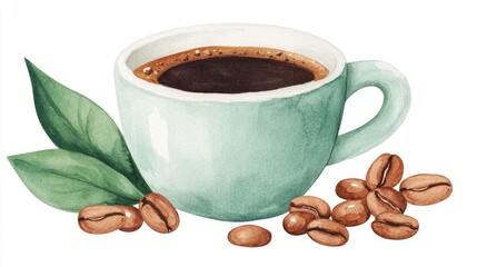 Vibrant watercolor of a coffee shop sign featuring coffee beans ceramic cups and a minimalist design on a clean white background