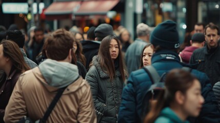 A busy urban scene filled with people on the move, capturing the dynamic energy and diverse culture of city life on a typical day.