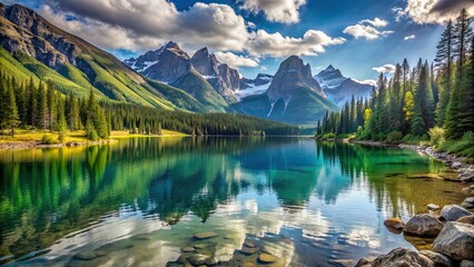 Fototapeta premium Scenic view of a tranquil lake nestled among towering mountains, nature, landscape, water, reflection, peaceful, wilderness